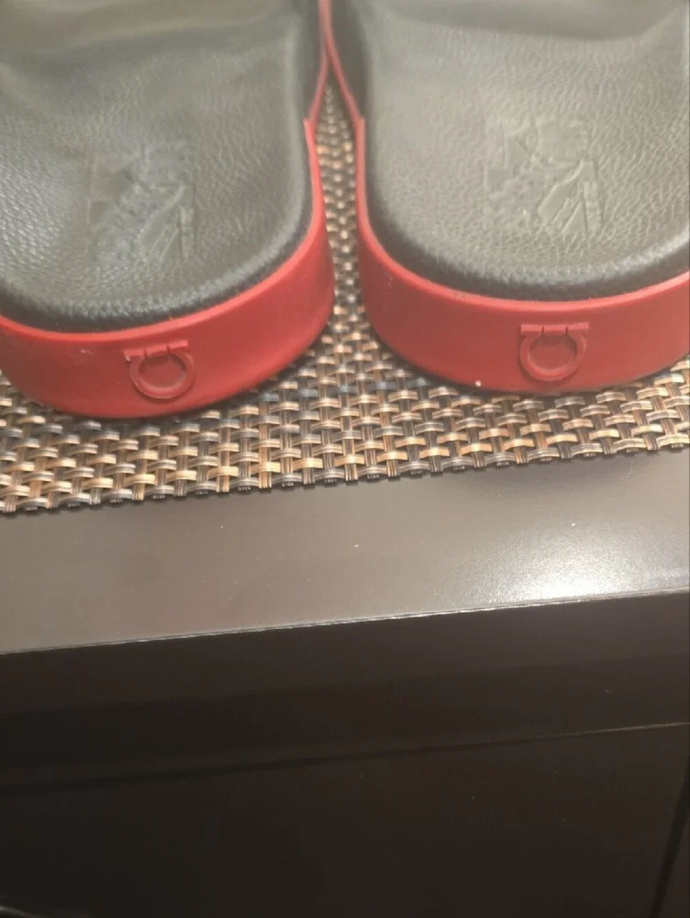 Salvatore Ferragamo Black Slides with Red Logo Band